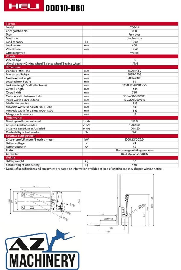 Gerbeur de Palettes Electrique HELI-CDD10-080 Capacité 1t- Mât 1.60 m